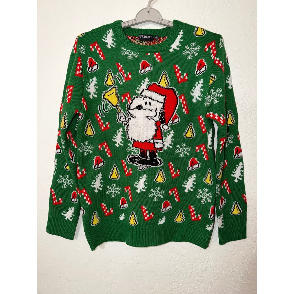 Peanuts Snoopy Santa Bell Ringer Ugly Christmas Sweater Green Knit Pullover L